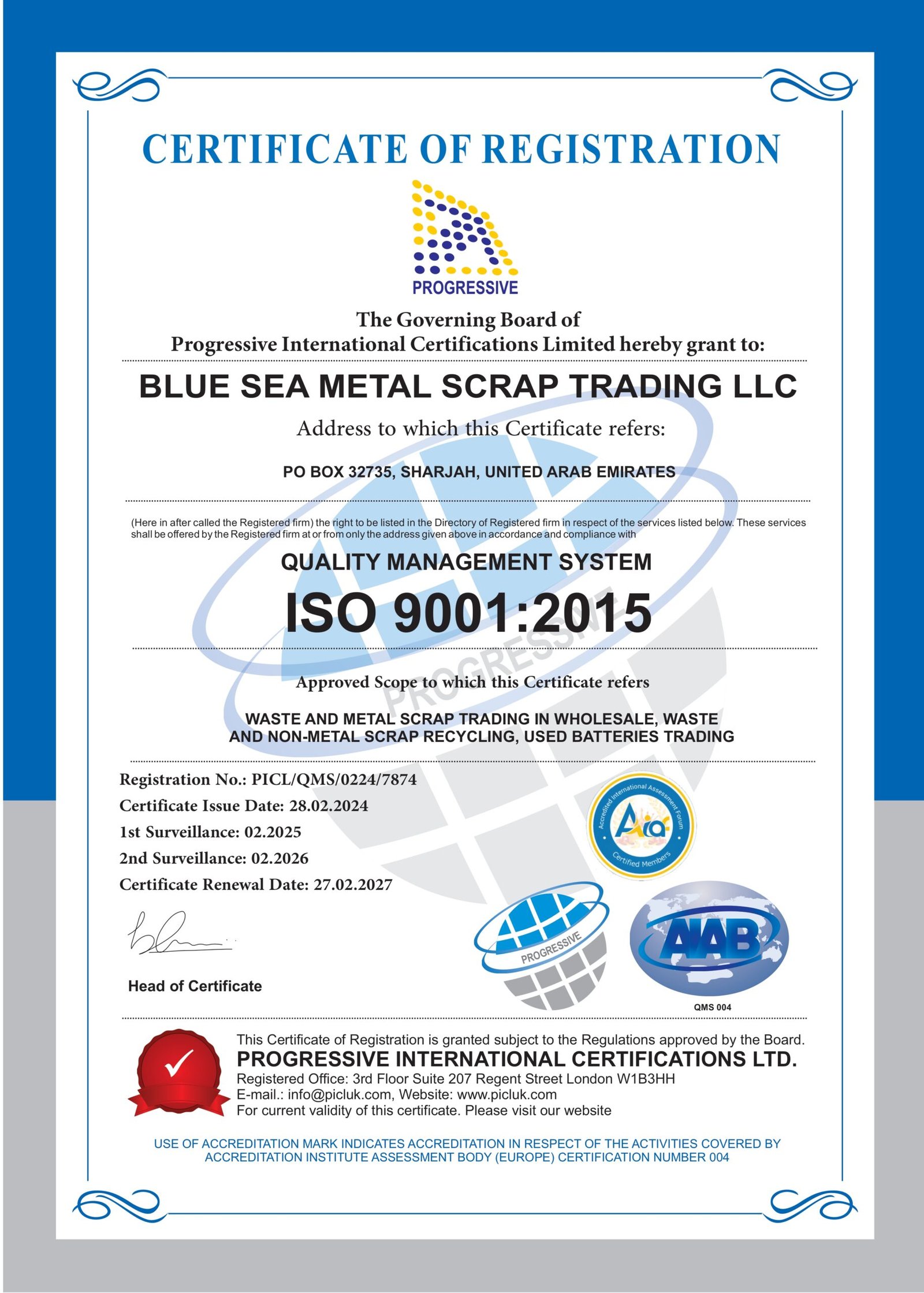 Blue Sea Metal Scrap Trading LLC Certification